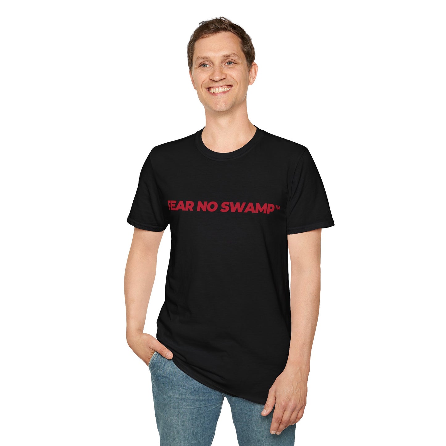 FEAR NO SWAMP™ unisex limited edition graphic tee with our slogan in the front and STAND WITH TRUMP on the back in clean red print