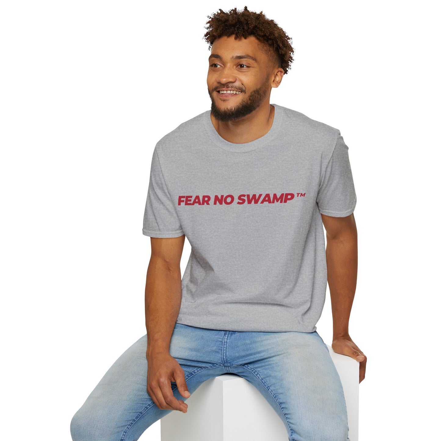 FEAR NO SWAMP™ unisex limited edition graphic tee with our slogan in the front and STAND WITH TRUMP on the back in clean red print