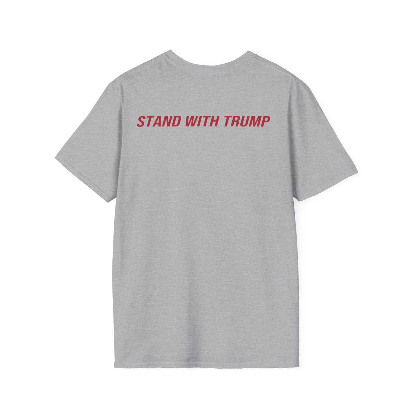 FEAR NO SWAMP™ unisex limited edition graphic tee with our slogan in the front and STAND WITH TRUMP on the back in clean red print