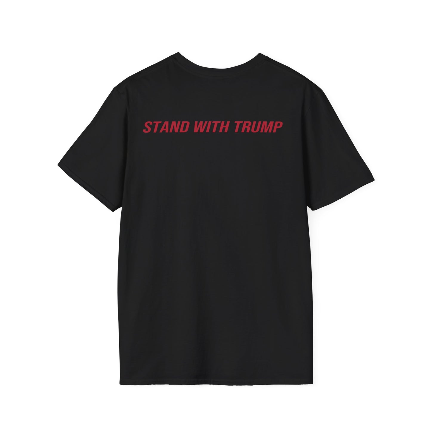 FEAR NO SWAMP™ unisex limited edition graphic tee with our slogan in the front and STAND WITH TRUMP on the back in clean red print