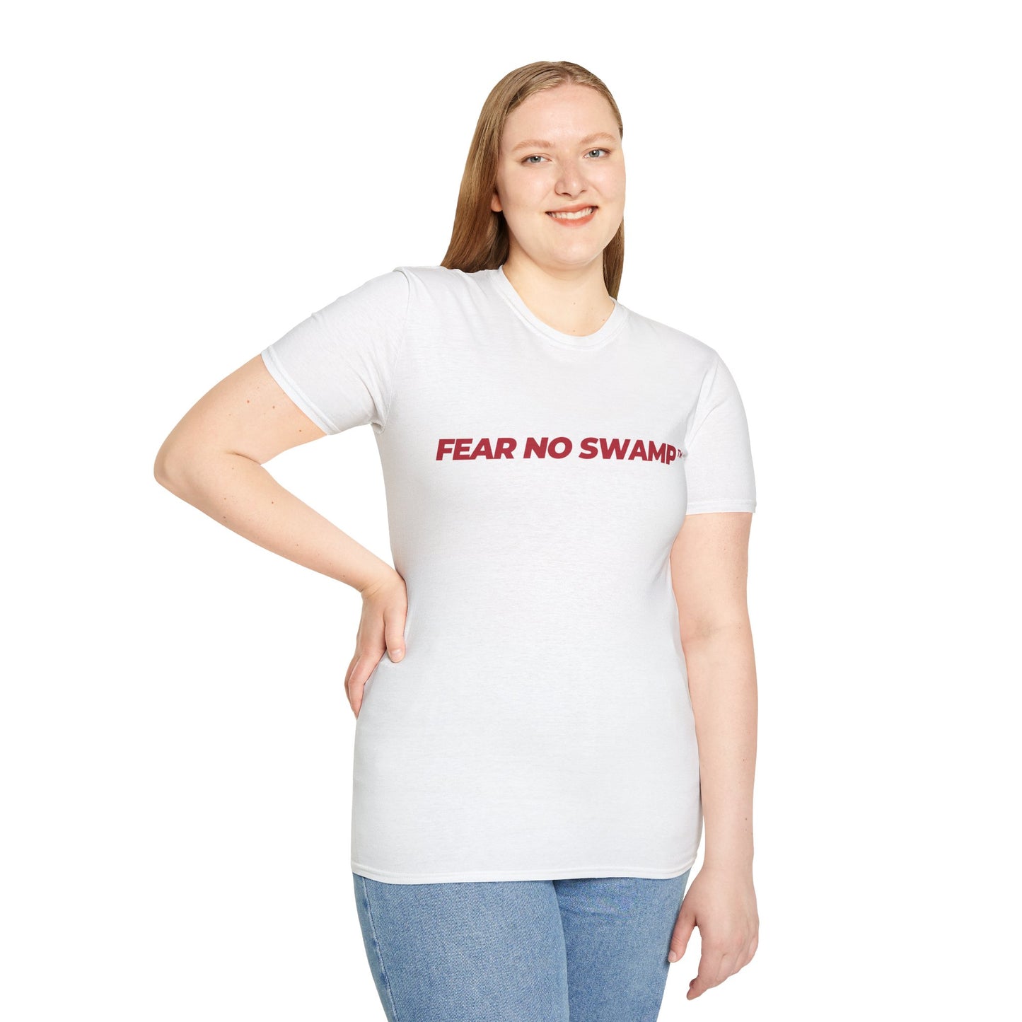 FEAR NO SWAMP™ unisex limited edition graphic tee with our slogan in the front and STAND WITH TRUMP on the back in clean red print