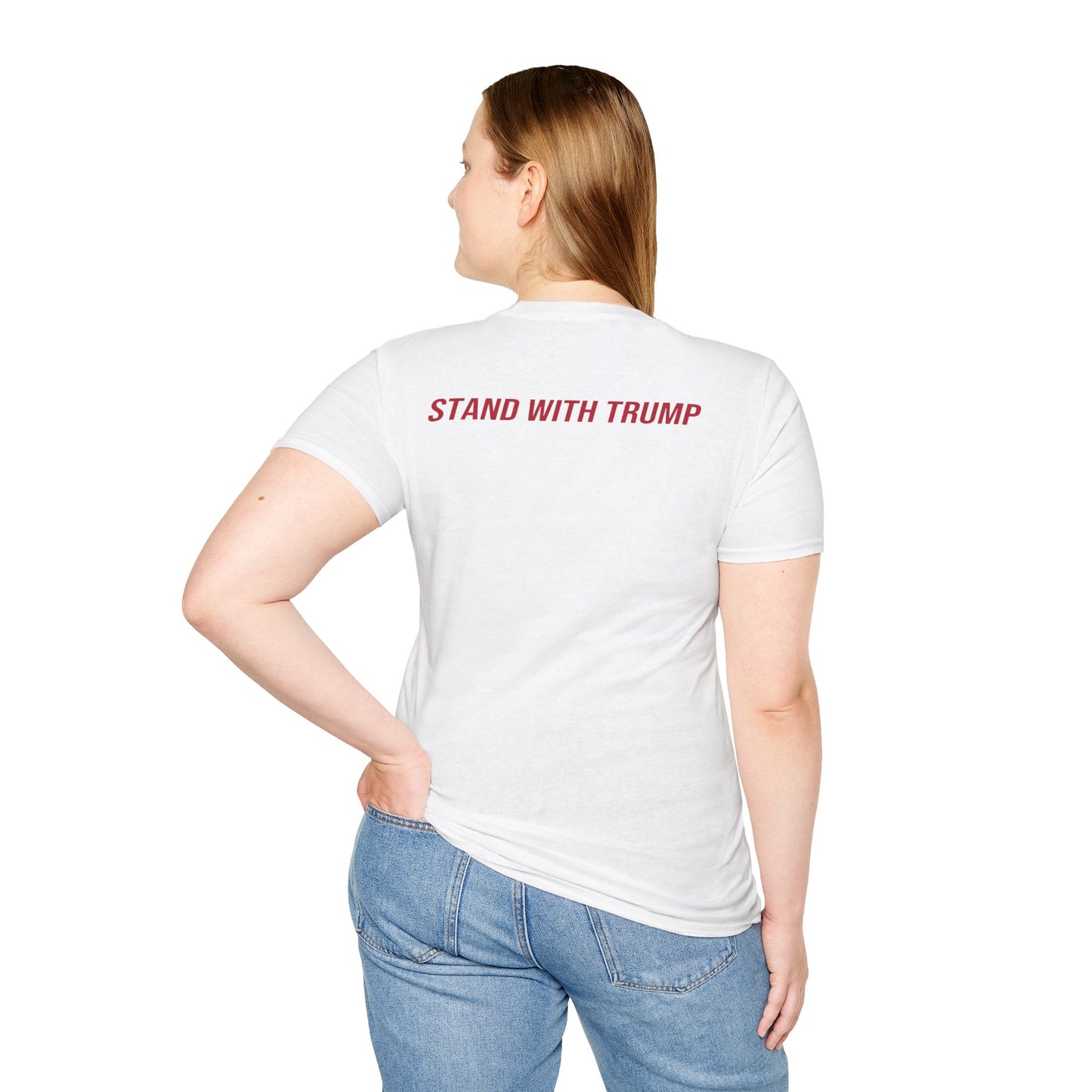 FEAR NO SWAMP™ unisex limited edition graphic tee with our slogan in the front and STAND WITH TRUMP on the back in clean red print