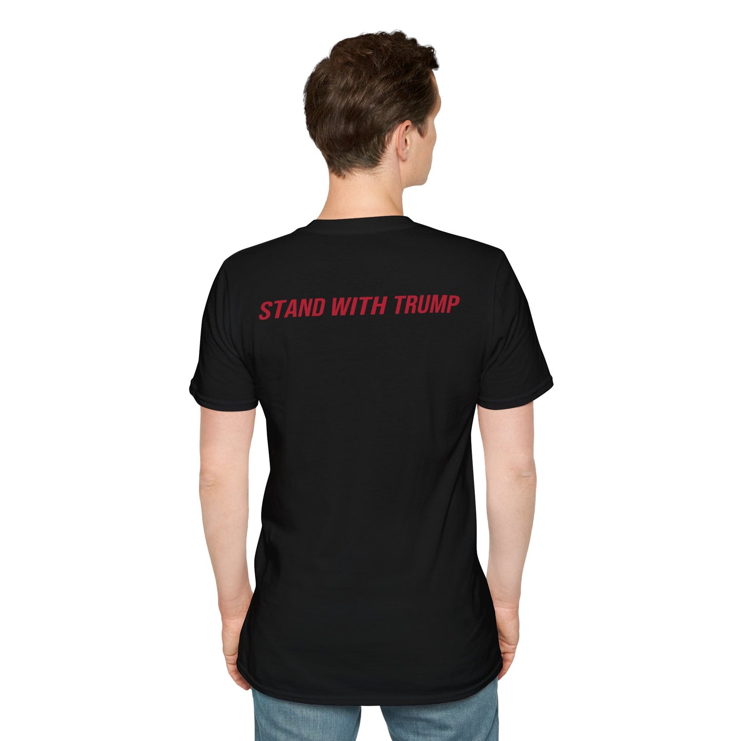 FEAR NO SWAMP™ unisex limited edition graphic tee with our slogan in the front and STAND WITH TRUMP on the back in clean red print